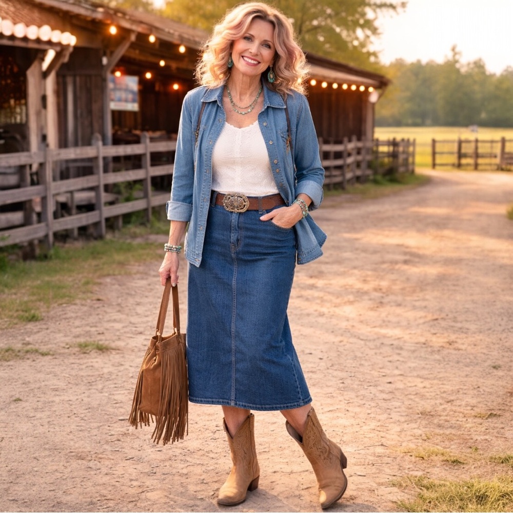 Vintage 90s Penmans Denim Maxi Skirt Blue Western Y2K Boho Size 13/14